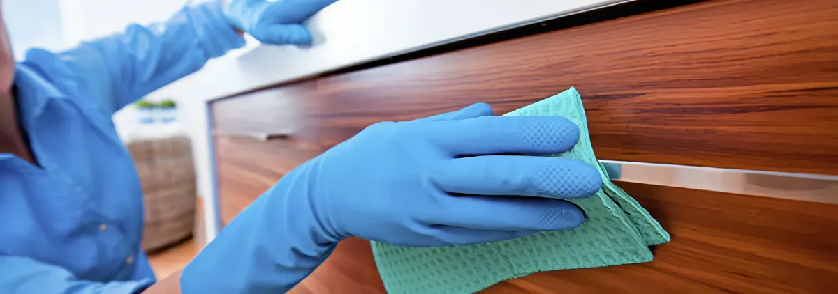 Cleaner wearing blue gloves wiping a wooden cabinet drawer with a microfiber cloth for dust and grime removal, Lakeland, FL.